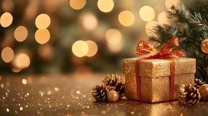 Gift box on table with Christmas tree background.