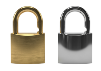 3D golden and silver padlock duo isolated on transparent background