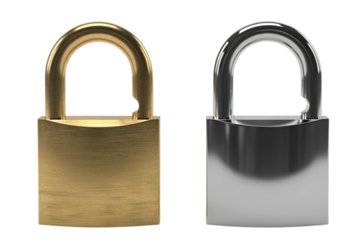 3D golden and silver padlock duo isolated on transparent background