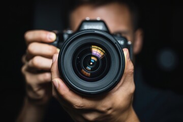 Camera lens held by photographer