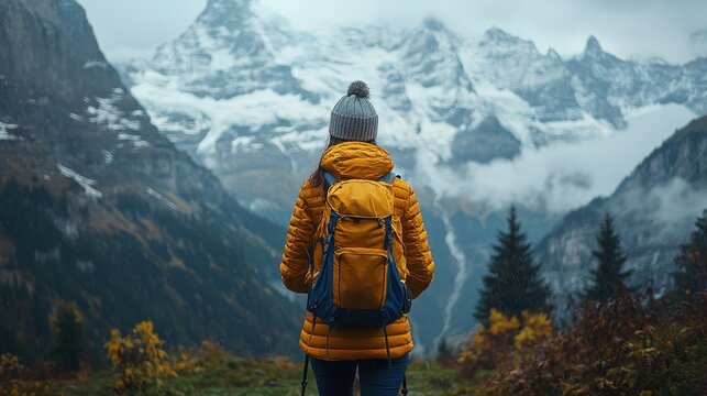 Woman hiker admiring majestic snow-capped mountains.
