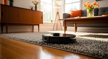Robotic Vacuum Cleaner in Modern Living Room, Automated Home Cleaning