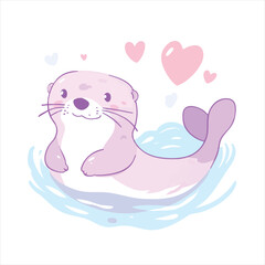 Cute purple otter in water with hearts