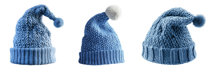Three blue knitted winter hats isolated on a transparent background