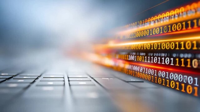 Digital Data Stream: The image depicts an artistic representation of data streaming across a computer, symbolizing the flow of digital information and technological progress.
