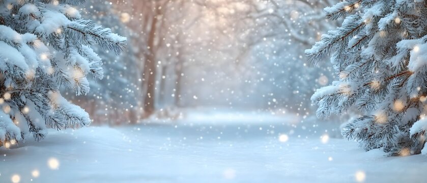 Snowy winter background with fir trees.