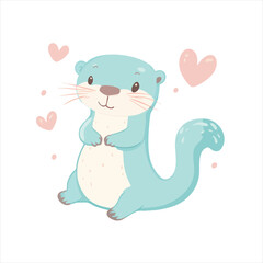 Cute light blue otter, sitting, with pink hearts
