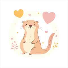 Cute otter illustration in a circle frame, with hearts and foliage
