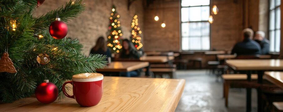 cozy cafe scene featuring a festive Christmas tree, decorated with ornaments, and a red cup of coffee on a wooden table, creating a warm holiday atmosphere.