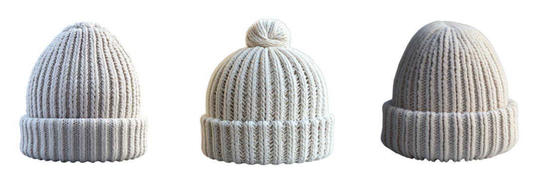Three knitted winter hats isolated on a transparent background 1