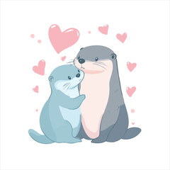 Cute otters in love, surrounded by hearts