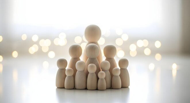 Wooden figures representing a large family isolated on white background