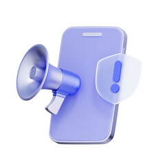 3D icon of a smartphone with a megaphone and security shield warning For mobile security alerts, receiving scam warnings, public safety announcements, and emergency notifications.