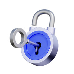 3D icon of a padlock being unlocked with a key For unlocking security features, accessing secure information, representing the key to protection, and security solutions.