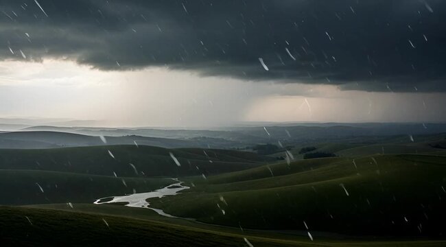 Storm rolling over grassy hills with lightning
