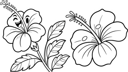 Vintage botanical hibiscus study with curved stem blooming petals and minimalist pen technique artwork