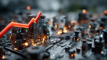 Abstract cityscape with rising arrow suggests financial growth - Powered by Adobe