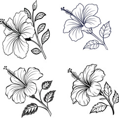 Delicate hibiscus botanical line art flower illustration with elegant leaves for aesthetic tattoo design