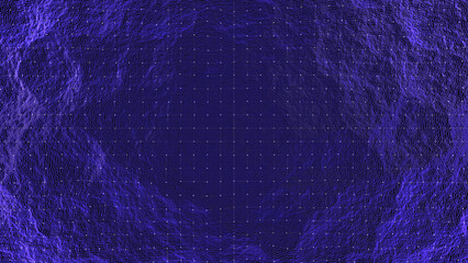 3D render of dynamic digital surface composed of dense glowing grid points