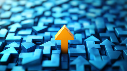 Unique direction amidst uncertainty yellow arrow breaking away from blue arrows success concept business strategy direction growth path leadership