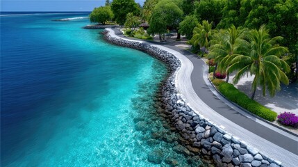 Aerial View Of A Serene Island Resort With A Rocky Shoreline Bordering Turquoise Ocean Waters And Lush Green Palm Trees Under Bright Sunlight