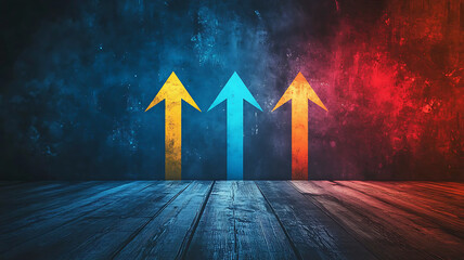 Upward arrows on grunge background with wooden floor business growth and development concept illustrative directional icons showing progress symbolic representation