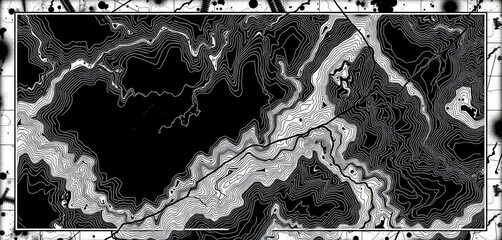 Vintage topographic contour map, black and white linear seamless pattern on dark background, texture, design