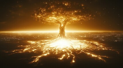 Luminous tree with expansive roots and glowing canopy over a hazy city horizon