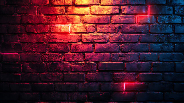 Urban brick wall texture with dynamic neon lighting accents artistic design modern aesthetic abstract pattern detailed wall structure vibrant colors and shadows