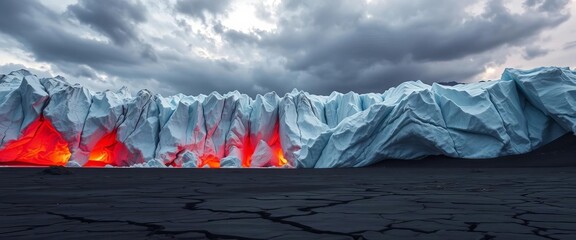 Melting glacier revealing barren earth, cracked ground, ominous sky, melting ice, carbon footprint