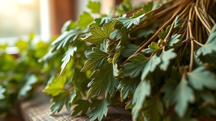 tolerable. Close-up of dried lovage leaves on a wooden rack with natural morning light. gardening catalogs, home-decor guides, designed for home decor and floral branding, used by sports marketers.