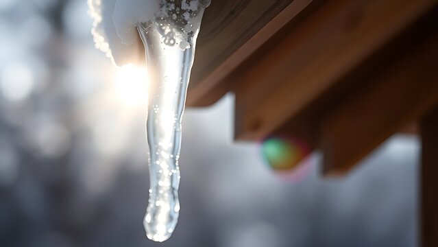hestia. Close-up of large clear icicle hanging from roof edge in winter light. travel magazines, destination branding, designed for travel destination branding, used by web designers.