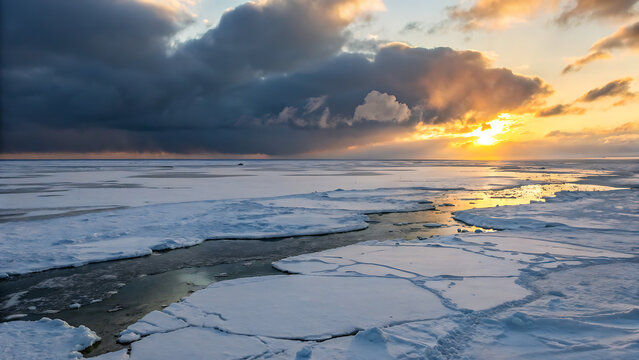 A stunning sunset over the arctic ocean, with ice floes and open water reflecting the golden light, creating a serene and aweinspiring landscape