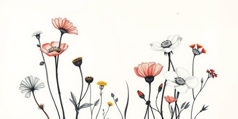 Minimalist abstract floral tattoo designs; charcoal, crayon, pencil sketches of wildflower elements, abstract, tattoo