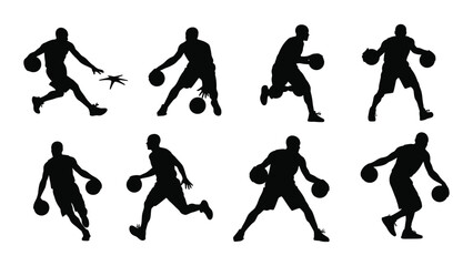 Basketball player dribbling silhouettes isolated on white background, Vector
