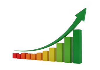 Colorful bar graph showing upward trend with a green arrow indicating growth, isolated on transparent background
