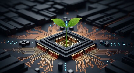 Sustainable innovation sprouts from advanced technology, symbolizing growth and future potential in digital industries