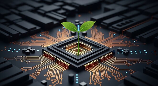 Sustainable innovation sprouts from advanced technology, symbolizing growth and future potential in digital industries - Powered by Adobe