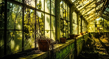 Old greenhouse interior with sunlight streaming through the glass windows, overgrown with plants.