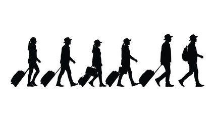 Travelers with luggage silhouettes isolated on white background, Vector