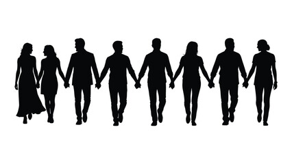 Group of people holding hands silhouette isolated on white background, Vector