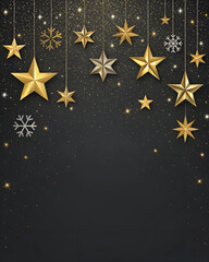 Minimal black and gold Christmas background with metallic gradient stars and elegant typography placeholder.