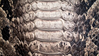 Close-up of reptile skin, showcasing intricate scale patterns in shades of brown, gray, and black. Natural texture and design