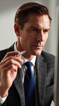 A man in a suit looks intently at a computer screen, showing focus and concentration