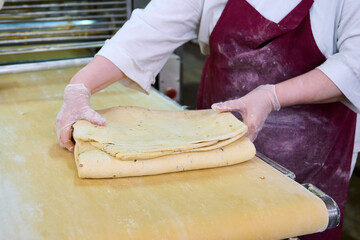 Preparation of cracker dough by a baker in a commercial kitchen during the daytime