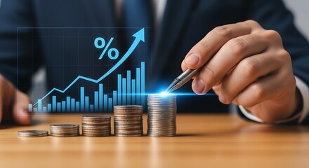 Professional analyzing rising financial graph with growing coin stacks, illustrating investment success and business growth strategies.