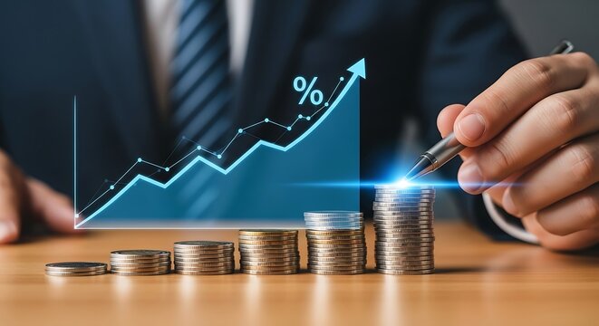 Professional business analyst meticulously tracks rising financial profits and investment growth with a pen over stacked coins and upward trending graph