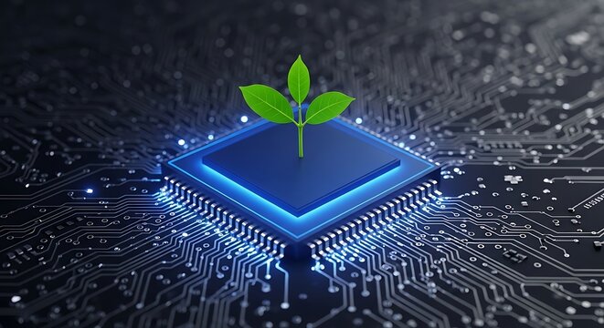 Emerging green sprout atop a glowing blue central processing unit, symbolizing sustainable technology and innovation