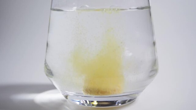 A yellow effervescent tablet fizzing in a glass, releasing a vibrant cloud of citrus-colored bubbles.