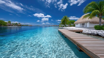 Wooden pier leading to a tropical bungalow over clear turquoise ocean water under a bright blue sky with white clouds and palm trees on the right shore